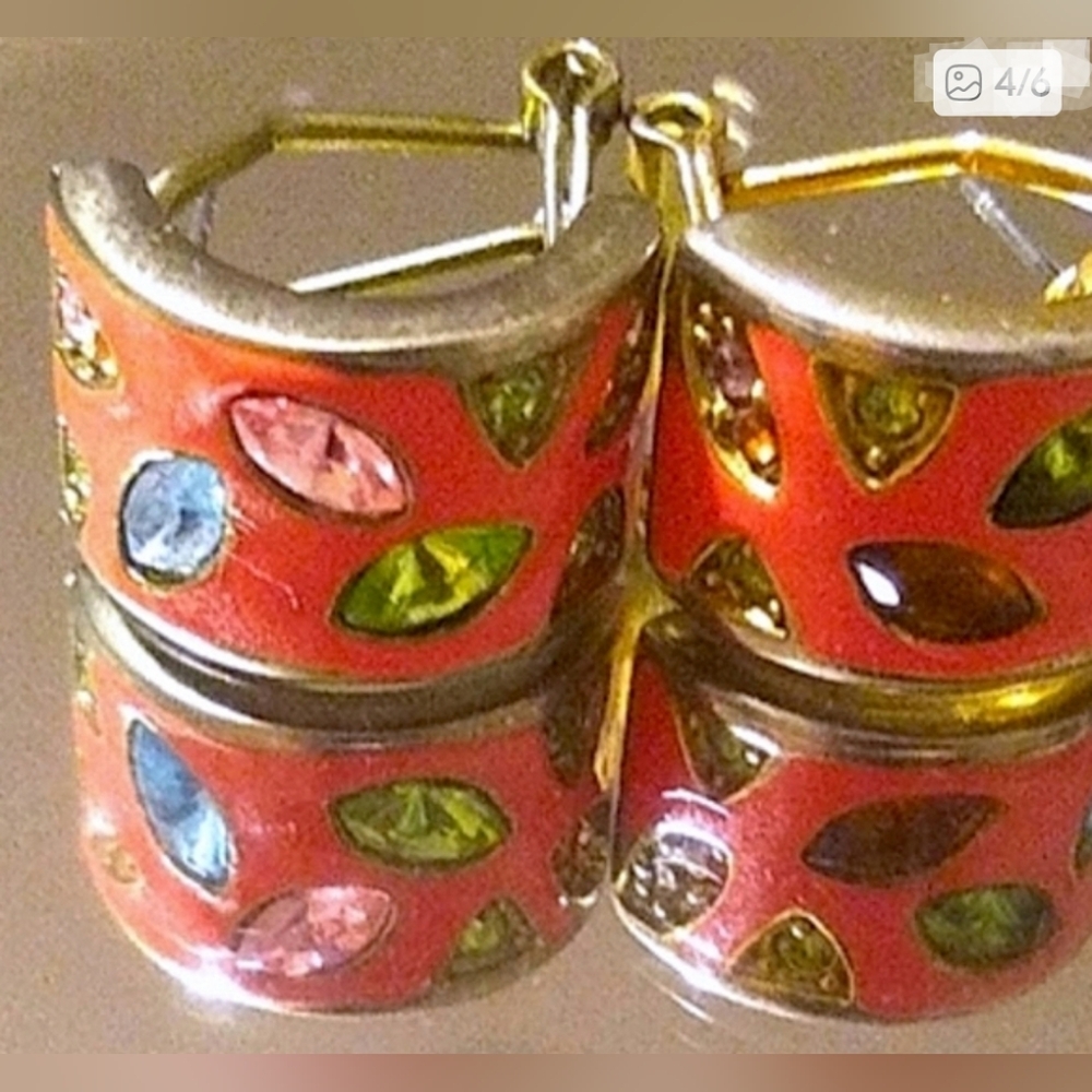Colorful Gemstones Hoop Earrings Vintage 70s Enemal Sparkly 1 Inch See Pics